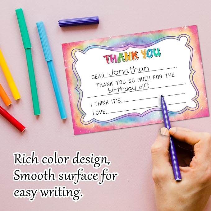 Tie Dye Kids Thank You Cards, Colorful Thank You Card For Baby Shower Birthday Party, Kids Birthday Cards Fill In The Blank, 20 Pack Cute Greeting Cards With Envelopes For Boys And Girls, 010