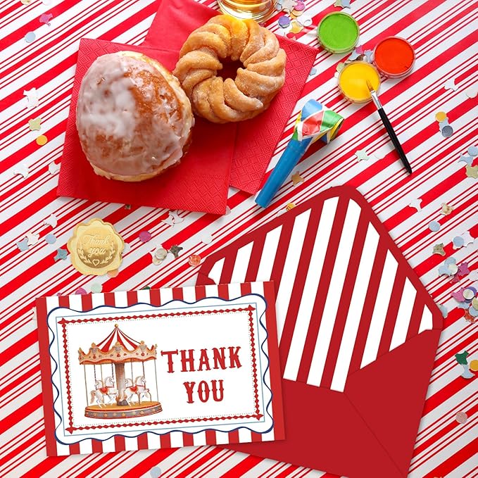 Whaline 24 Pack Circus Theme Thank You Cards Greeting Cards Red White Stripe Carousel Blank Note Card with Envelopes Stickers for Birthday Party Baby Shower Carnival, 4 x 6 Inch