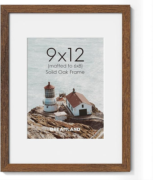 Dreamland Picture Frame 9x12, Solid Oak Wood Photo Frame with Mat for 6x8, 9 x 12 Matted Picture Frames with Resistant Plexiglass for Wall Art Photo and Prints, Walnut Color, Set of 1