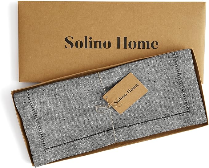 Solino Home Linen Table Runner 72 Inches Long - Milan Hemstitch 100% Pure Linen Chambray Black Dining Table Runner 14 x 72 Inch