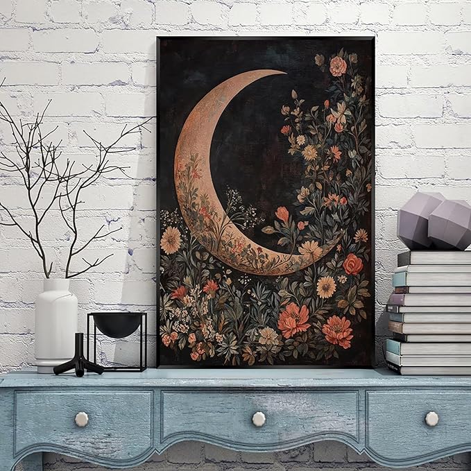 Crescent Moon Floral Canvas Poster Modern Trendy Lunar Wall Art Vintage Dark Celestial Painting Prints Whimsical Botanical Aesthetic Home Decor for Bedroom Living Room 20x30inch Metal Black Framed