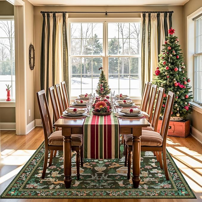 jinchan Christmas Rug 8x10 for Living Room Bedroom Green Holiday Decorative Rug for Dining Room Christmas Tree and Cabin Printed Large Xmas Decor Indoor Washable Non Slip Floor Carpet