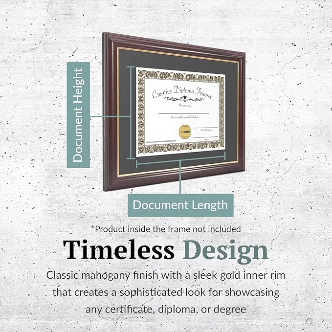 Creative Picture Frames 13x17 Mahogany Gold Rim Diploma Frame with Black Mat Glass and Installed Wall Hangers | Frame Holds 16x20 Media without Mat