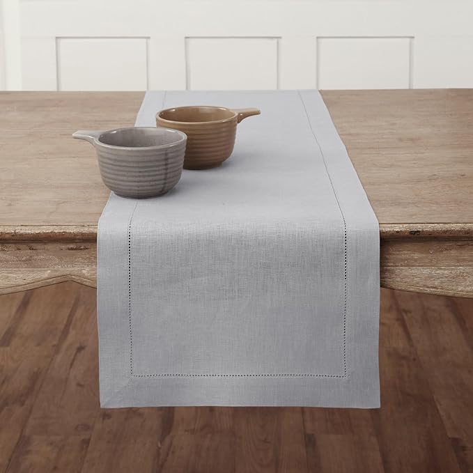 Solino Home Linen Soft Grey Table Runner 108 Inches Long - 100% Pure Linen 14 x 108 Inch Table Runner for Spring, Easter - Classic Hemstitch
