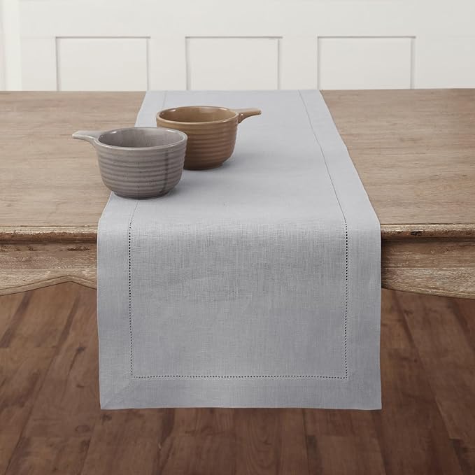 Solino Home Linen Soft Grey Table Runner 60 Inches - Classic Hemstitch, 100% Pure Linen Coffee Table Runner 14 x 60 Inch Ideal for Dresser Tables - Spring, Easter