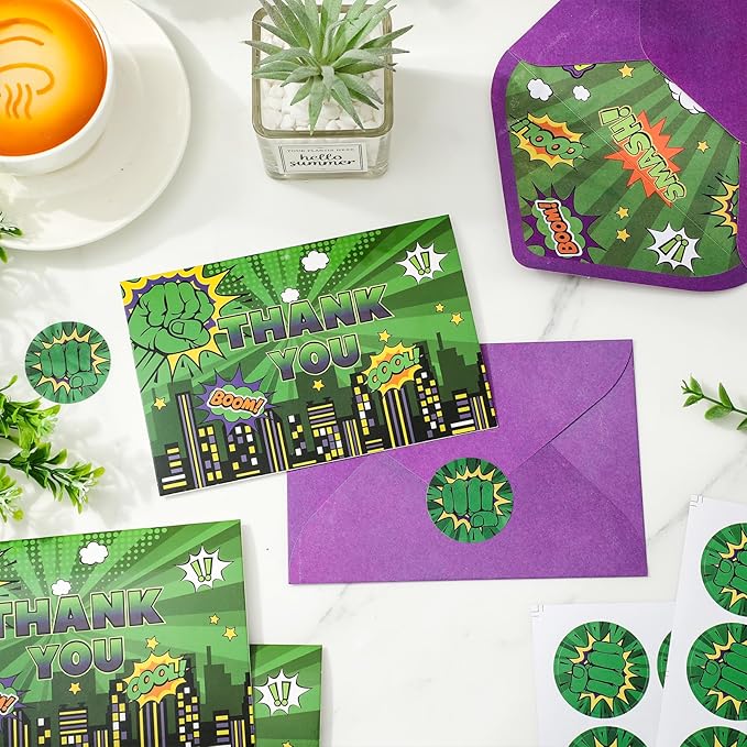 Whaline 24 Pack Green Super Hero Thank You Card Greeting Cards with Envelopes Stickers Cityscape Saying Bubble Blank Note Cards for Birthday Baby Shower Party Supplies