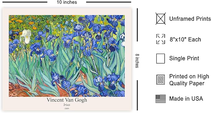 Monem Art Vintage Van Gogh Poster - Retro Irises Print - Impressionism Art - Floral Art - Fine Art - Flower Art - Classic Painting Art - Aesthetic Living Room Wall Decor - 8x10 UNFRAMED Wall Art