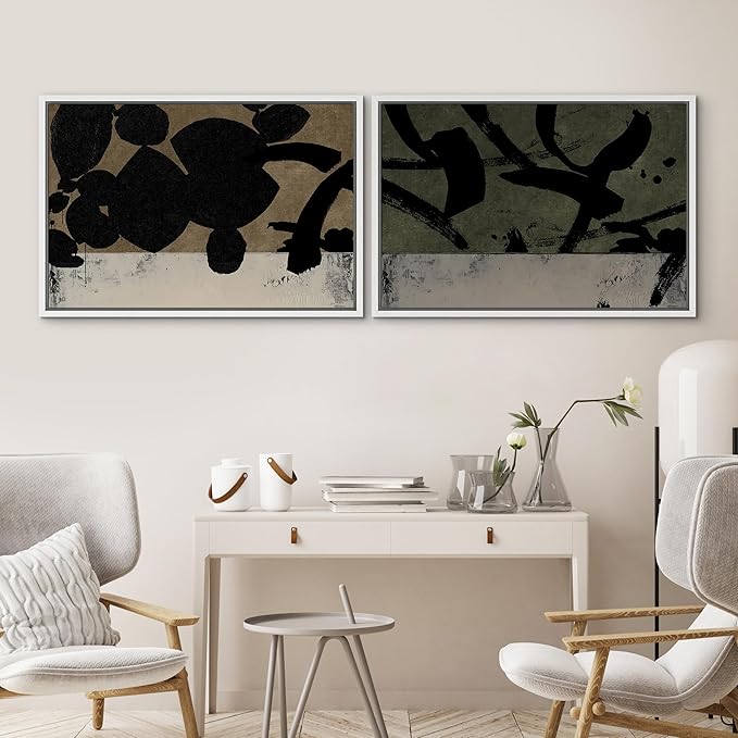 SIGNWIN Framed Canvas Print Wall Art Set Abstract Black Brushstroke Illustrations Modern Art Minimal Boho Colorful for Living Room, Bedroom, Office - 16"x24"x2 WHITE