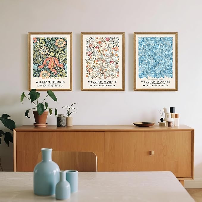 SYWENNOI 3 Pieces Wood Frames Vintage Floral Canvas Wall Art, William Morris Textured Art Wall Decor, Greens Indigos and Terracottas Botanical Designs Prints for Living Room Bedroom Offices 16x24 In