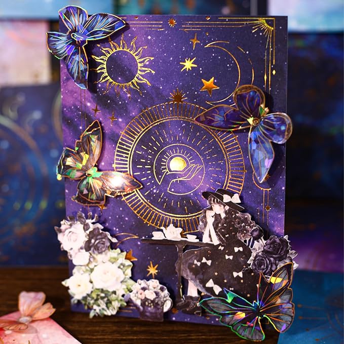 60 Sheets Celestial Gold Foil Astrology Scrapbook Paper – Aesthetic Moon Star Constellation Zodiac Decorative Paper for Art Decoupage, Journaling, Crafting