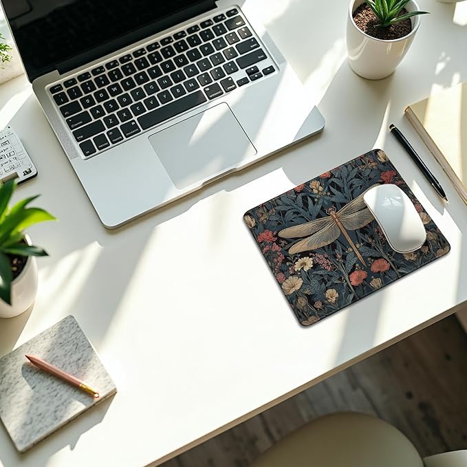 Moody Floral Dragonfly Mouse Pad,Dark Cottagecore Botanical Dragonfly Mouse Pads Mousepad for Desk Office Dorm Computers Laptop, Aesthetic Office Supplies Desk Accessories, 9.5x7.9 Inch,J079
