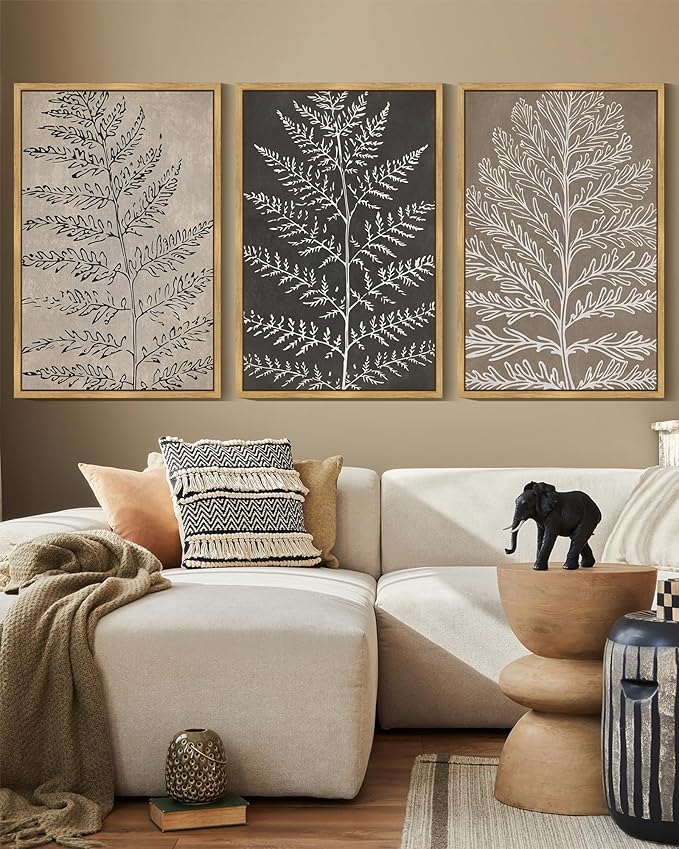 KUVIOKE Vintage Botanical Framed Wall Art Bohemian Tan Plant Leaf Wall Decor Nature Fern Plant Silhouette Wall Painting Home Decor 16x24in (Natural Framed)