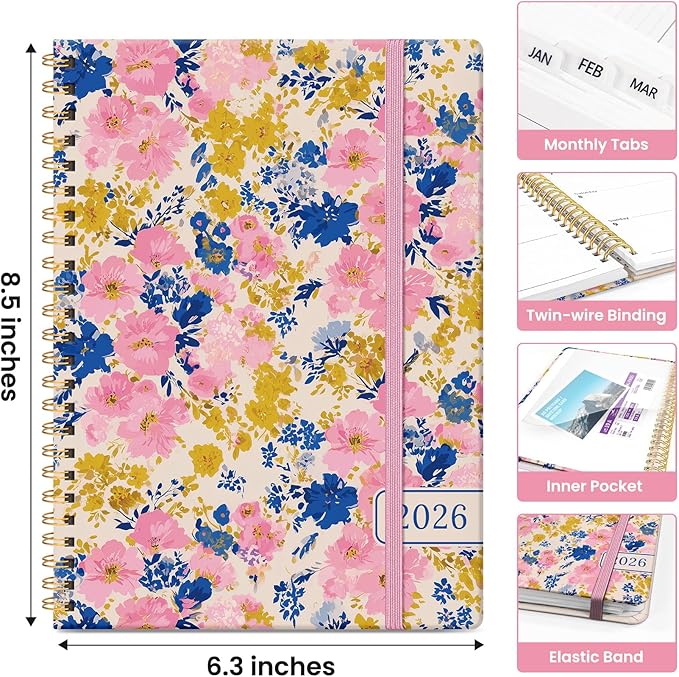 2026 Planner, Weekly and Monthly Calendar Planner for Women, Jan 2026 - Dec 2026, Hardcover Planning Agenda book with Tabs, Spiral Bound, Inner Pocket, Perfect for School Office Supplies, 6.3" x 8.5" - Blooming Meadow