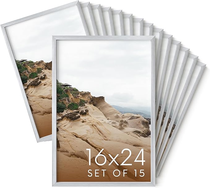 HAUS AND HUES 16x24 Silver Metal Picture Frames - Features Premium Aluminum, Vertical & Horizontal Hang, Shatterproof Plexiglass - Perfect for Home, Room, Office (16x24 in, Silver, Set of 15)