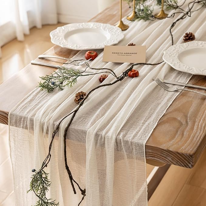 Keketoarrange 3pcs Ivory Gauze Rustic Cheesecloth Table Runner 120 Inch 10 FT for Wedding Baby Shower Bridal Shower Birthday Engagement Garden Outdoor Party Long Sheer Boho Decorations