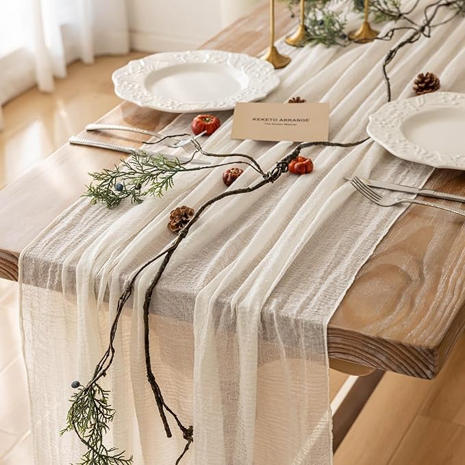 Keketoarrange White Valentines Cheesecloth Table Runner Ivory Cream Gauze Rustic Cheese Cloth Table Runner 120 Inch 10 FT for Wedding Baby Bridal Shower Party Sheer Boho Spring Home Decorations