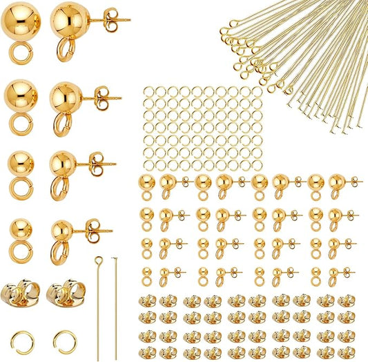 220Pcs No Tarnish Ball Stud for Earring Making, stino Hypoallergenic Stainless Steel Earring Posts, Jewelry Findings Supplies, Silver & Gold Plated (Gold Plated)