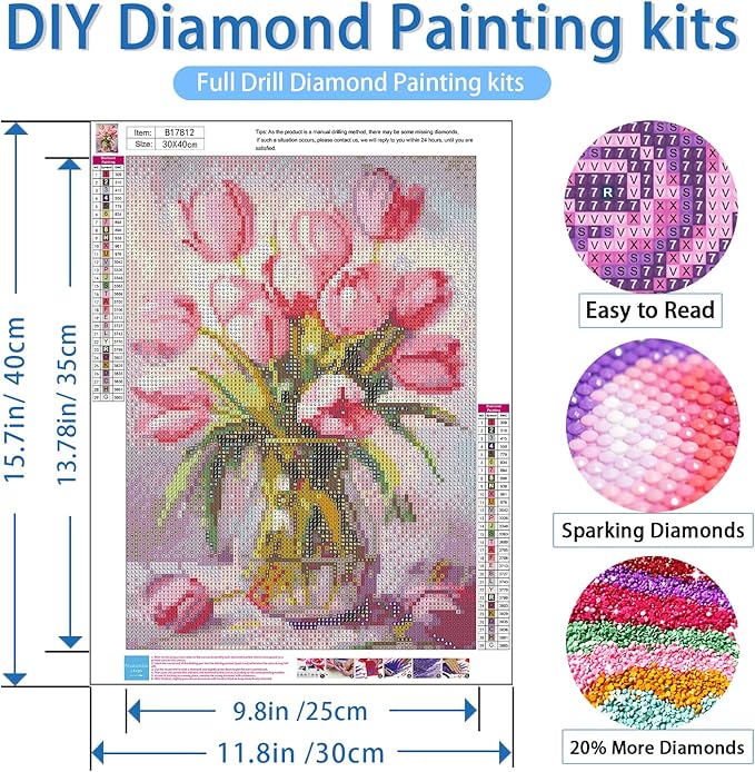 NWQZBYHT Tulips Diamond Art Kits for Adults,Floral Vase 5D Diamond Painting Kits for Beginner,DIY Round Full Drill Diamond Dots,Flowers Gem Painting kit for Adults Crafts Home Wall Decor 12x16 Inch