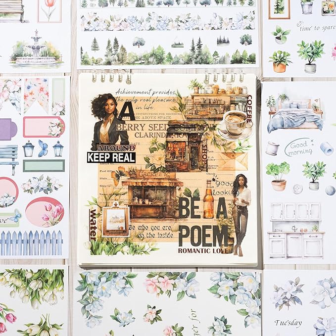 YagCu Journal Sticker Book for Journaling, Women House Junk Journal Stickers, Pre-Cut Aesthetic Scrapbooking for Adults, Decorative Ephemera Bullet Planner DIY Arts Craft Collage