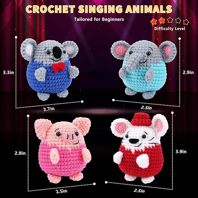 Fortuning's JDS Crochet Kit for Beginners - 4 PCS Crochet Starter Kit with Step-by-Step Video Tutorials, for Adults - Elephant Mouse Pig Koala Microphone Crocheting Set