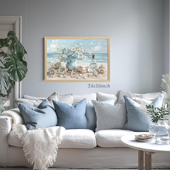 LLEEMPI Coastal Beach Wall Art, Seashell Starfish Ocean Wall Decor, Shell Floral Sea Canvas Print, Blue Sky White Cloud Landscape Poster Print for Bathroom Bedroom Office Wood Framed 16x24 Inch