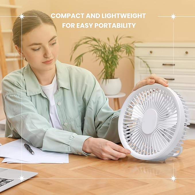Brynnberg Portable Indoor Fan – Rechargeable Table Fan for Home, Office & Bedroom – Quiet Air Circulation Desk Fan with Adjustable Angle, Hanging Hook & Long Battery Life – Compact White 8.6 x 3.9in