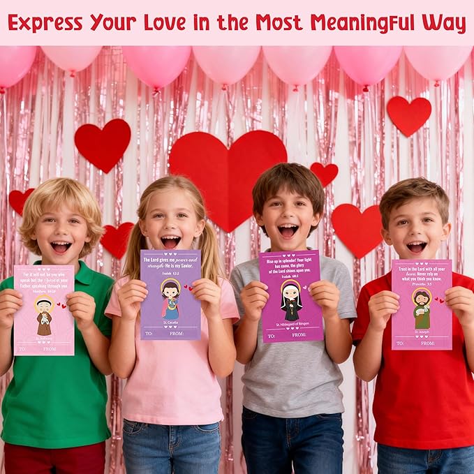 TICIAGA 72pcs Valentine's Day Catholic Church Greeting Card with Envelop for Kids, Religious Character Sticker Bible Notecard Exchange Gift for Boy Girl Sunday School Christian Classroom Party Favor