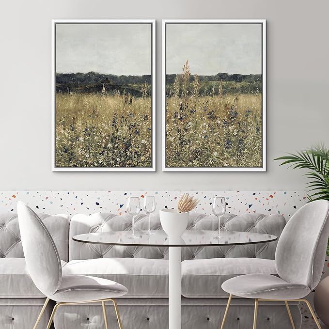 SIGNWIN Framed Canvas Print Wall Art Set Wildflower Meadow Under a Gentle Overcast Sky Illustration Modern Art Minimalism Decorative Nordic for Living Room, Bedroom, Office - 16"x24"x2 White