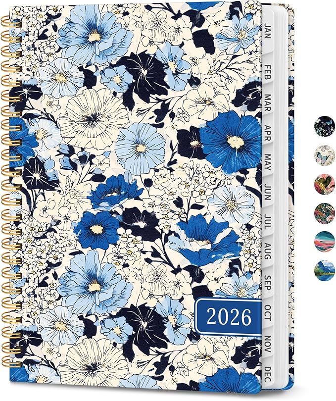 2026 Planner, Weekly and Monthly Planner for Women, January 2026 to December 2026, Pretty Hardcover 2026 Calendar Planner Book with Tabs, Inner Pocket, Spiral Bound, Perfect Office Home School Supplies - 8.5" x 11", Azure Garden