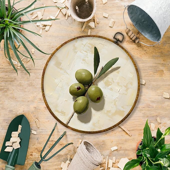 Hiuwevt Olive Still Life Kitchen Round Wall Art Decor, Retro Olive Tree Botanical Framed Canvas Prints, Cocktail Olives Bar Round Wall Hanging Decor for Bedroom Home Decorations, 10x10 Inches