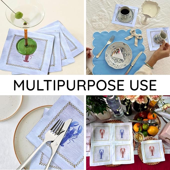 Cocktail Napkins Set of 6, 6x6 inch, 100% Linen, Printed Animal Pattern, Reusable & Washable Cloth Coasters for Beverages, Hosting, Gifting & Everyday Use (Lobster)