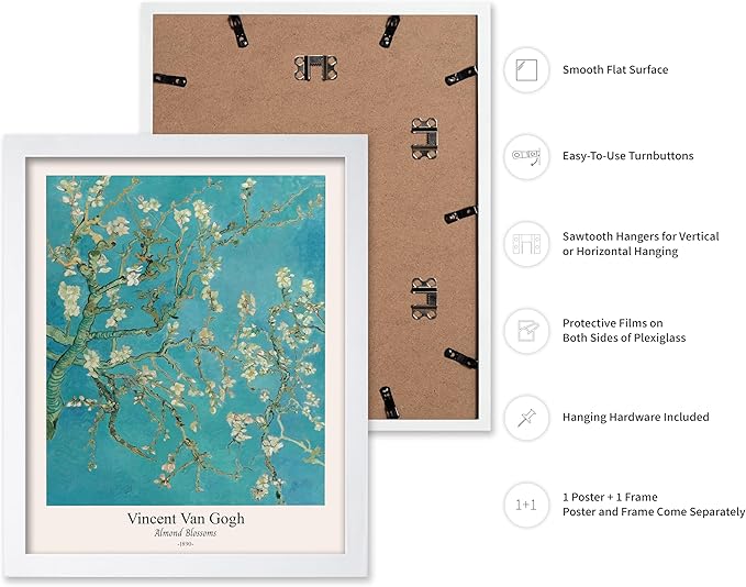 Monem Art Vintage Van Gogh Poster - Retro Almond Blossoms Print - Impressionism Art - Fine Art - Classic Painting Art - Flower Art - Floral Bedroom or Office Wall Decor - 16x20 White Framed