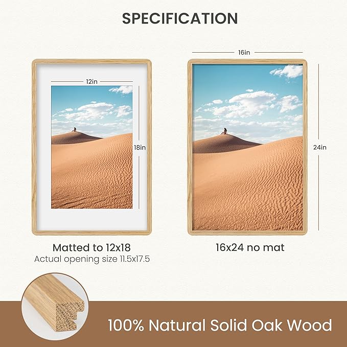 Dreamland 16x24 Picture Frame, Natural Oak Wood Photo Frame with Mat for 12x18, Round Corner 16 x 24 Matted Picture Frames with Resistant Plexiglass for Wall Mounting or Tabletop, Oak Color, Set of 1