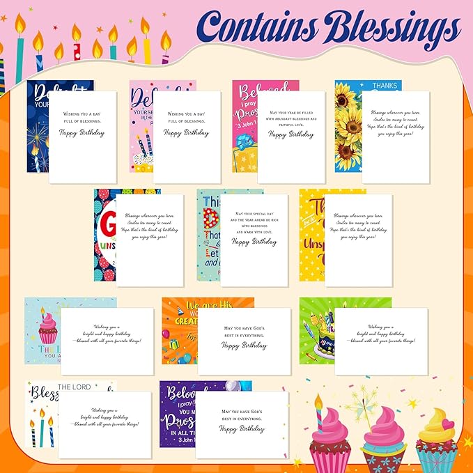 48 Pack Religious Christian Birthday Cards Bulk with Scripture Assorted Bible Verse 4.5 x 6.2 Inch Christian Blessings Birthday Greeting Cards with Envelopes and Stickers(Classic Style)