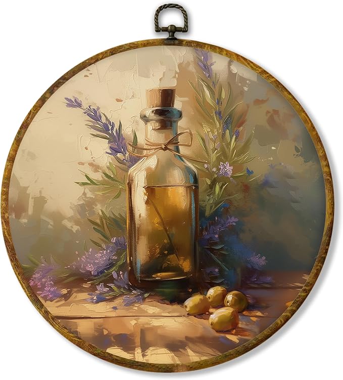 Hiuwevt Vintage Lavender Olive Kitchen Round Wall Art Decor, Country Moody Farmhouse Framed Canvas Prints, Rustic Cottagecore Round Wall Hanging Decor for Kitchen Dining Room Decorations, 10x10 Inches
