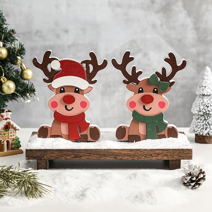 Amorita Reindeer Christmas Decor - 2 Piece Brown Reindeer Couple for Christmas Tiered Tray Decor - Elegant Wood Tiered Tray Xmas Centerpiece Table Decorations