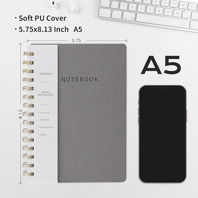 Spiral Notebook-5.75" x 8.125" Journal with Back Pockets and 160 Lined Pages,PU Leather Cover Business Journal, Twin-Wire Binding Notebook Perfect for Office & Home School Supplies