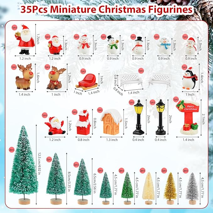 PLULON 35Pcs Christmas Ornament Figurines Mini Christmas Trees Snowman Santa Claus Xmas Village Accessories Bottle Brush Trees for Office Home Dollhouse Tabletop Winter Holiday Party Decorations