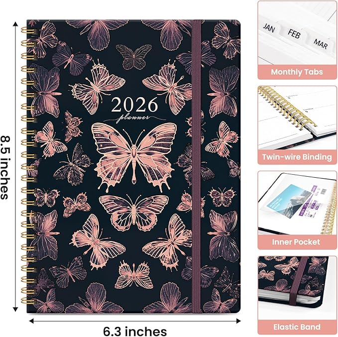 2026 Planner, Monthly and Weekly Calendar Planner for Women, Jan 2026 - Dec 2026, Hardcover Pretty 2026 Agenda Planner Book with Tabs, Spiral Bound, Perfect for School Office Home Supplies, 6.3" x 8.5" - Pink Butterfly