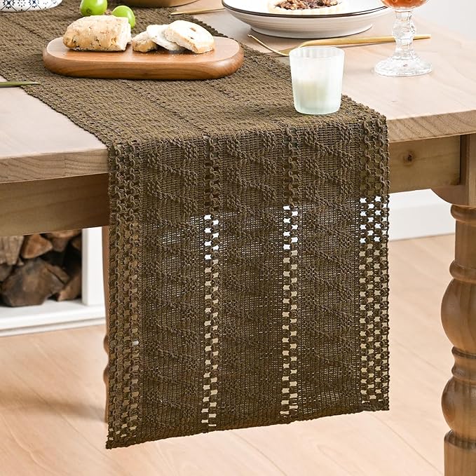 Artoid Mode Light Coffee Farmhouse Woven Rustic Hollow Table Runner, Seasonal Holiday Hollow Kitchen Dining Table Decoration for Home Party Decor 12x72 Inch