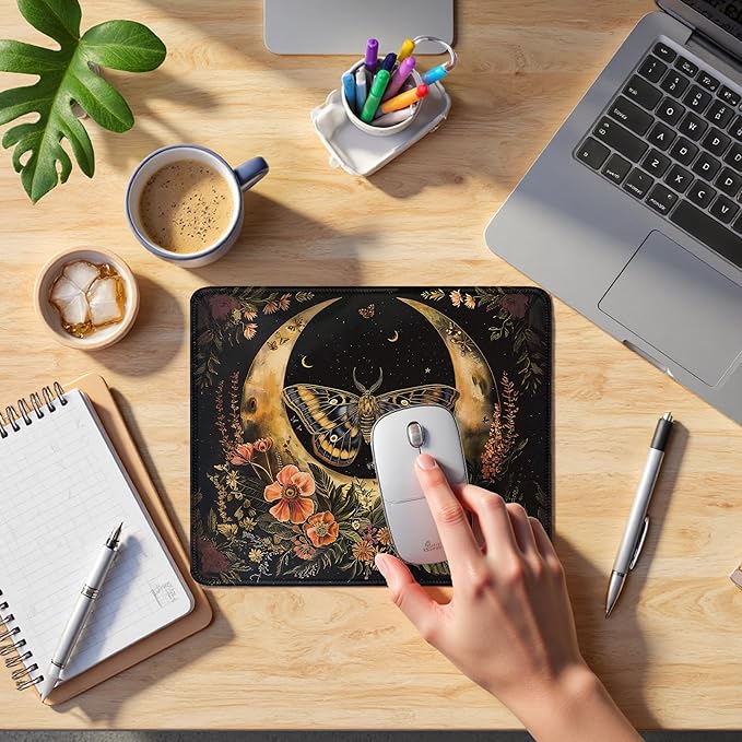 Moody Gothic Floral Butterfly Moon Mouse Pad, Dark Contemporary Botanical Mousepad for Desk Home Office Dorm Computers Laptop, Witchy Celestial Office Supplies Desk Accessories, 9.5x7.9 Inch