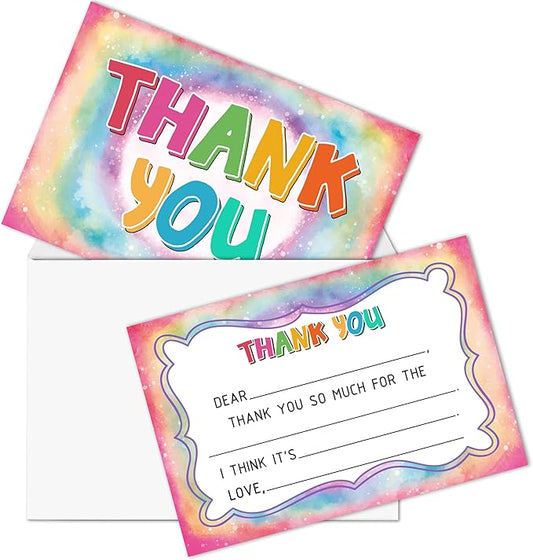 Tie Dye Kids Thank You Cards, Colorful Thank You Card For Baby Shower Birthday Party, Kids Birthday Cards Fill In The Blank, 20 Pack Cute Greeting Cards With Envelopes For Boys And Girls, 010