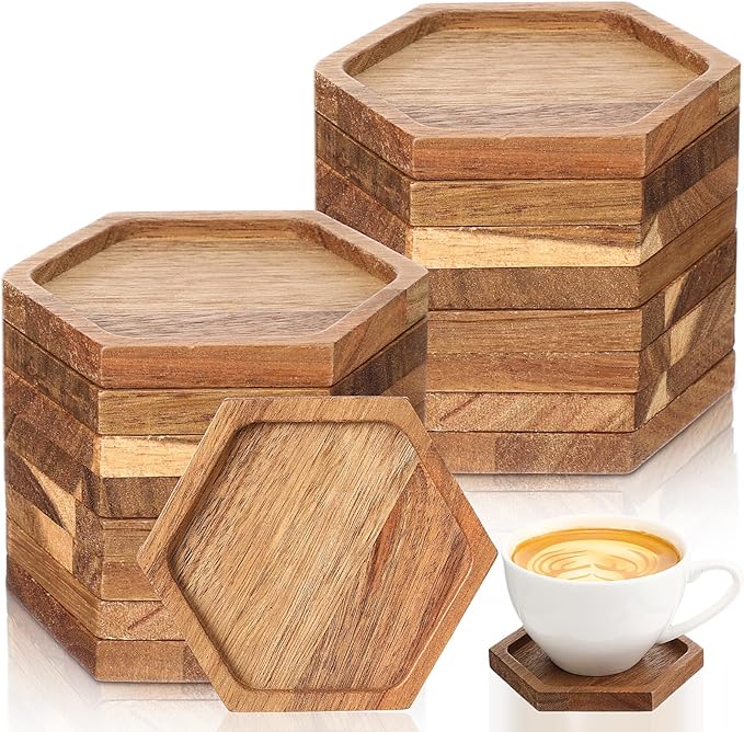 Zhehao 16 Pcs Acacia Wood Coasters Bulk 4 Inch Wooden Stackable Reusable Drink Coasters for Coffee Tea Table Protection Table Bar Home Desk Supplies Housewarming Gifts(Hexagon)
