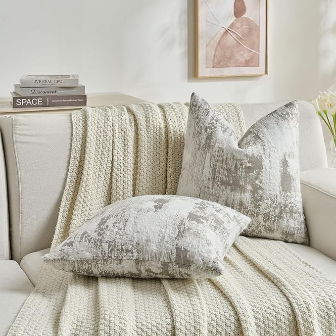 FUTEI Grey White Decorative Throw Pillow Covers 16x16 Inch Set of 2,Jacquard Weave Cushion Case in Soft Faux Cashmere,Modern Home Decor for Couch Living Room