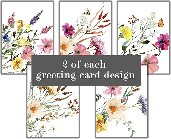 Wildflowers Greeting Cards - Set of 10 All Occasion 5x7 Note Cards with Envelopes. Blank Inside. Watercolor Designs of Wildflower Bouquets