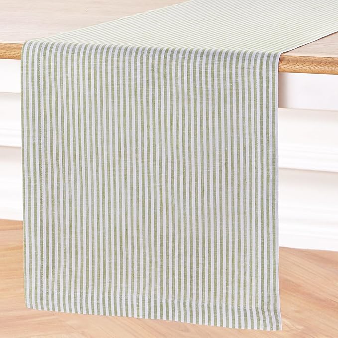 Solino Home Linen Table Runner 144 Inches Long - Narrow Stripe, 100% Pure Linen Avocado and White Table Runner 14 x 144 Inch for Dining, Spring, St Patricks Day, Easter, Spring