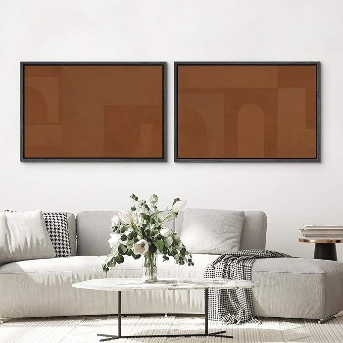 SIGNWIN Framed Canvas Print Wall Art Set Mid-Century Brown Polygon Landscape Abstract Shapes Digital Art Modern Art Decorative Minimalism Vintage for Living Room, Bedroom, Office - 24"x36"x2 Black