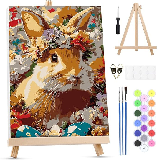 MXJSUA Easter Framed Paint by Numbers for Adults Beginners, Easy Adults' Paint-by-Number Kits on Canvas with Easel, Flowers Bunny Acrylic Number Painting Crafts Kits Gifts for Home Decor, 8x12inch