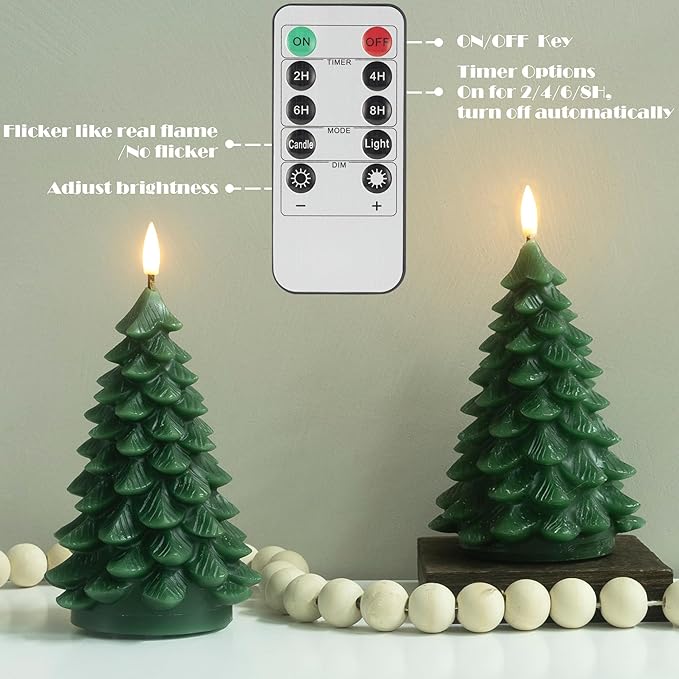 Flameless Candles with Remote Timer, 2 Pack Christmas Tree Candles Battery Operated LED Candles Real Wax Holiday Christmas Decoration for Bedroom Party Festival Gift Green