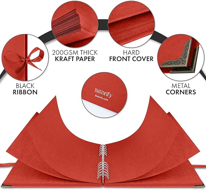 Bstorify Square Scrapbook Photo Albums 8 x 8 Inch Red Thick Paper, Hardcover, Metal Corners, Ribbon Closure - Ideal for Your Scrapbooking Albums, Art & Craft Projects